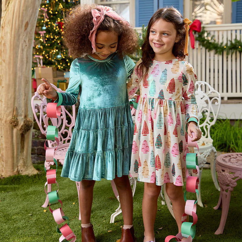 Pink Chicken Lamé Steph Dress in Bottle Brush Trees