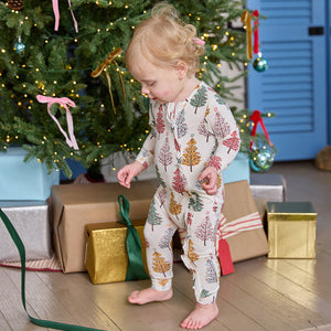 Pink Chicken Bamboo Ruffle Romper in Christmas Trees