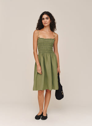 B60015-W94-302 - SMOCKED DRESS WITH BEADED STRAPS