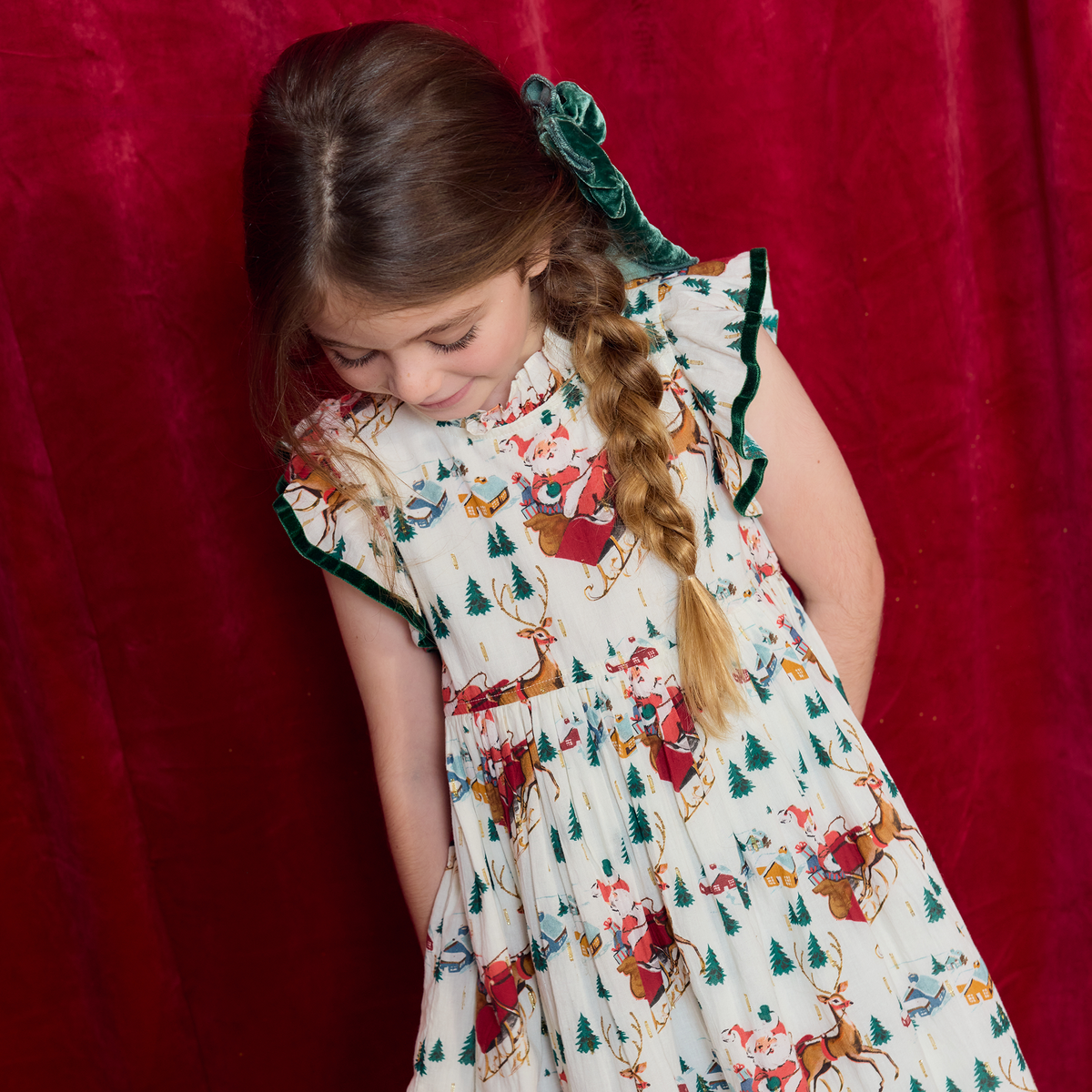 Pink Chicken Girls Jennifer Dress in White Santa Sleigh