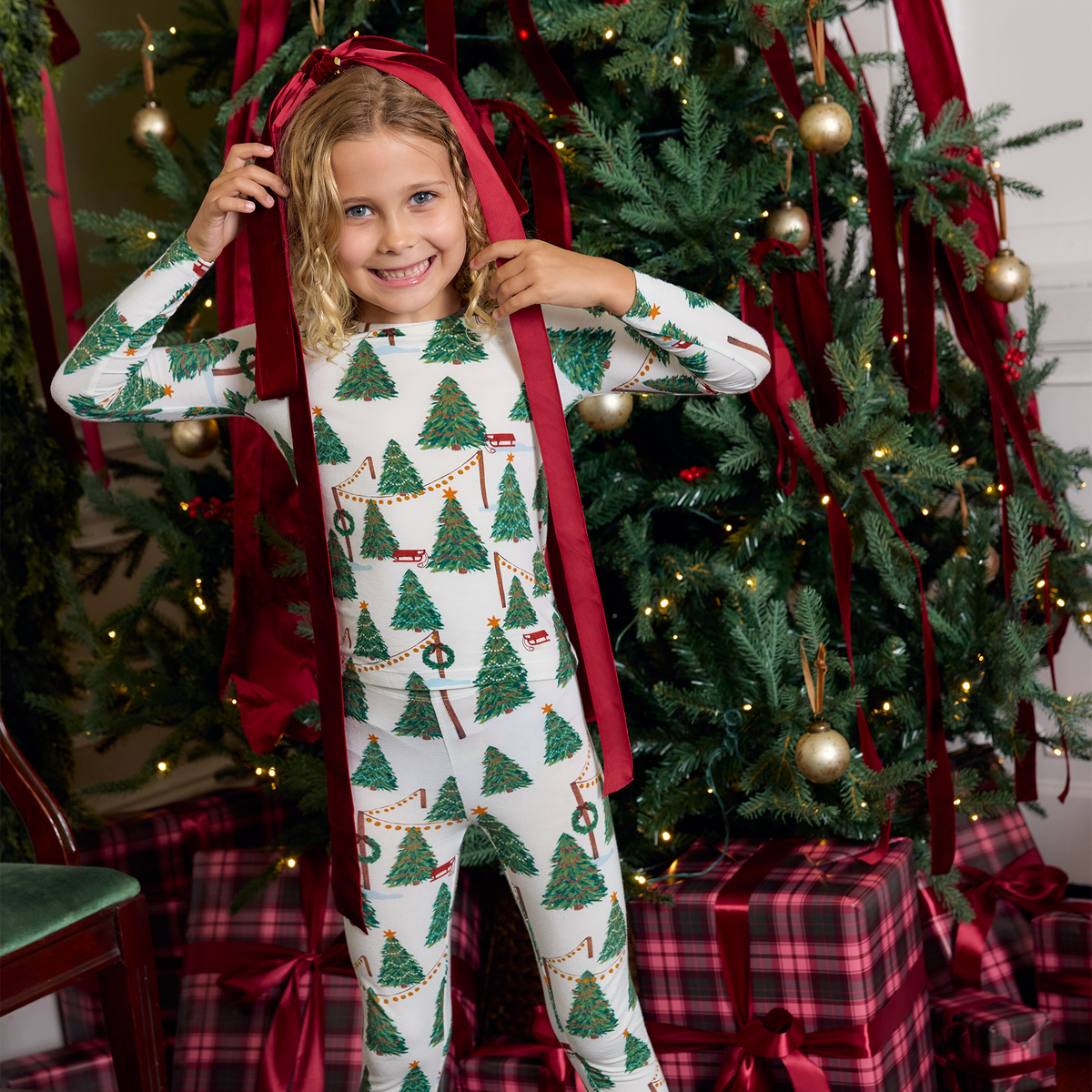 Pink Chicken Bamboo Pajamas in Christmas Tree Farm