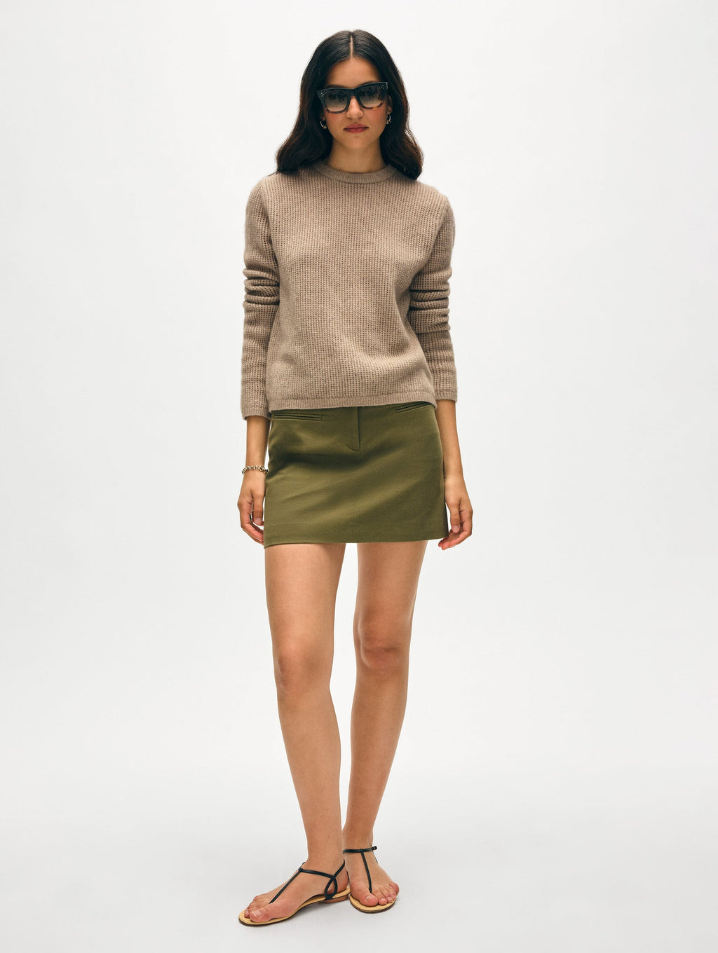 White + Warren Cashmere Waffle Mesh Crew in Taupe