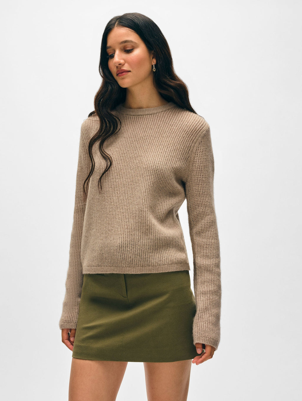 White + Warren Cashmere Waffle Mesh Crew in Taupe