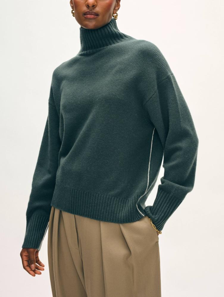 White + Warren Cashmere Oversized Stand Neck Sweater in Juniper Green
