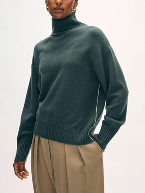 White + Warren Cashmere Oversized Stand Neck Sweater in Juniper Green