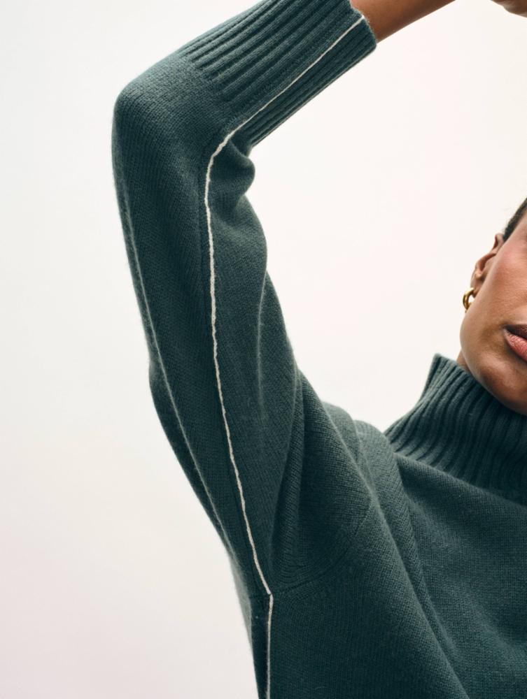 White + Warren Cashmere Oversized Stand Neck Sweater in Juniper Green