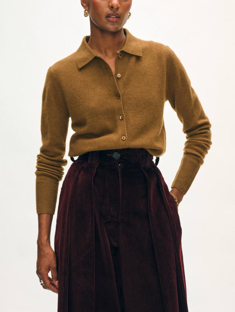White + Warren Cashmere Collared Cardigan in Golden Brown