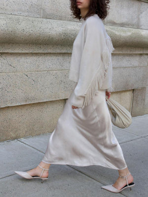White + Warren Cashmere Blend Fringe Crew Sweater in Ivory