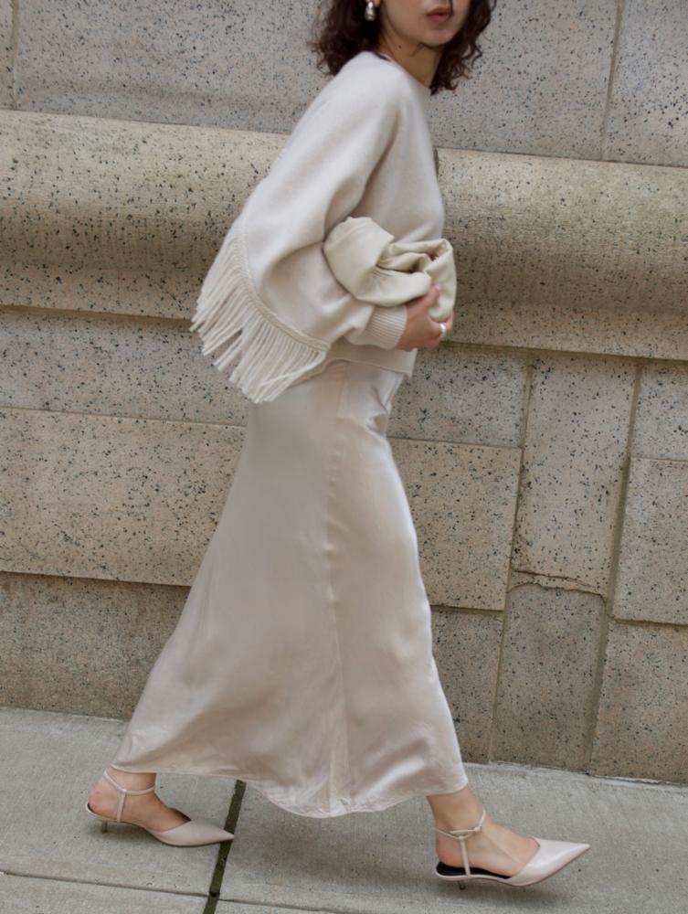 White + Warren Cashmere Blend Fringe Crew Sweater in Ivory