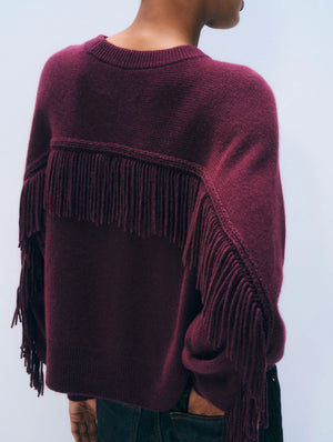White + Warren Cashmere Blend Luxe Fringe Crew in Oxblood