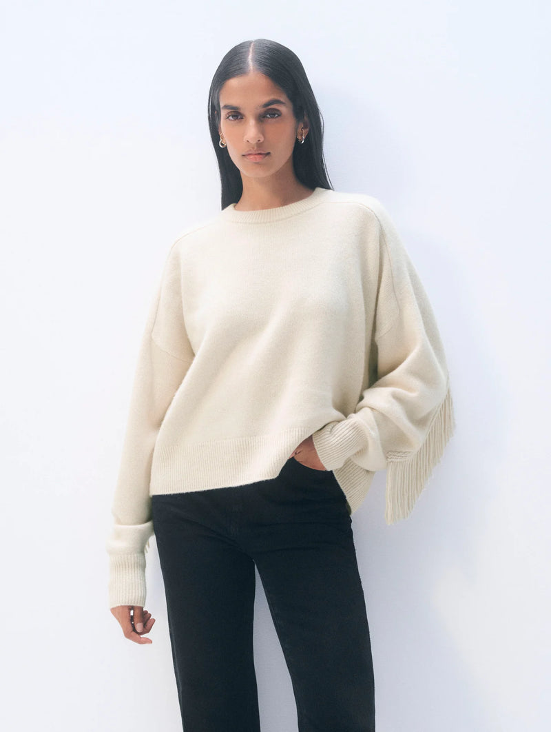 White + Warren Cashmere Blend Fringe Crew Sweater in Ivory
