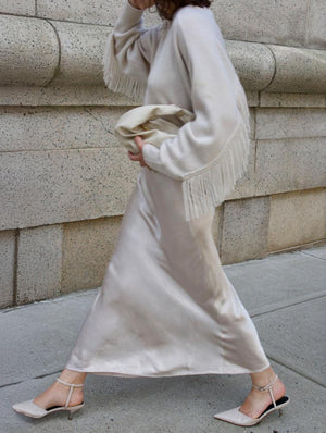 White + Warren Cashmere Blend Fringe Crew Sweater in Ivory