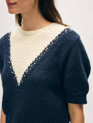 White + Warren Cotton Boucle Pointelle Sweater in Navy/Ivory