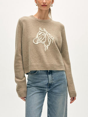 White + Warren Cashmere Horse Embroidered Sweater in Misty Brown