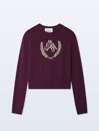White + Warren Cashmere Blend Horse Embroidered Crewneck Sweater in Oxblood/Ivory
