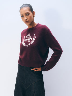 White + Warren Cashmere Blend Horse Embroidered Crewneck Sweater in Oxblood/Ivory