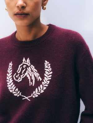 White + Warren Cashmere Blend Horse Embroidered Crewneck Sweater in Oxblood/Ivory