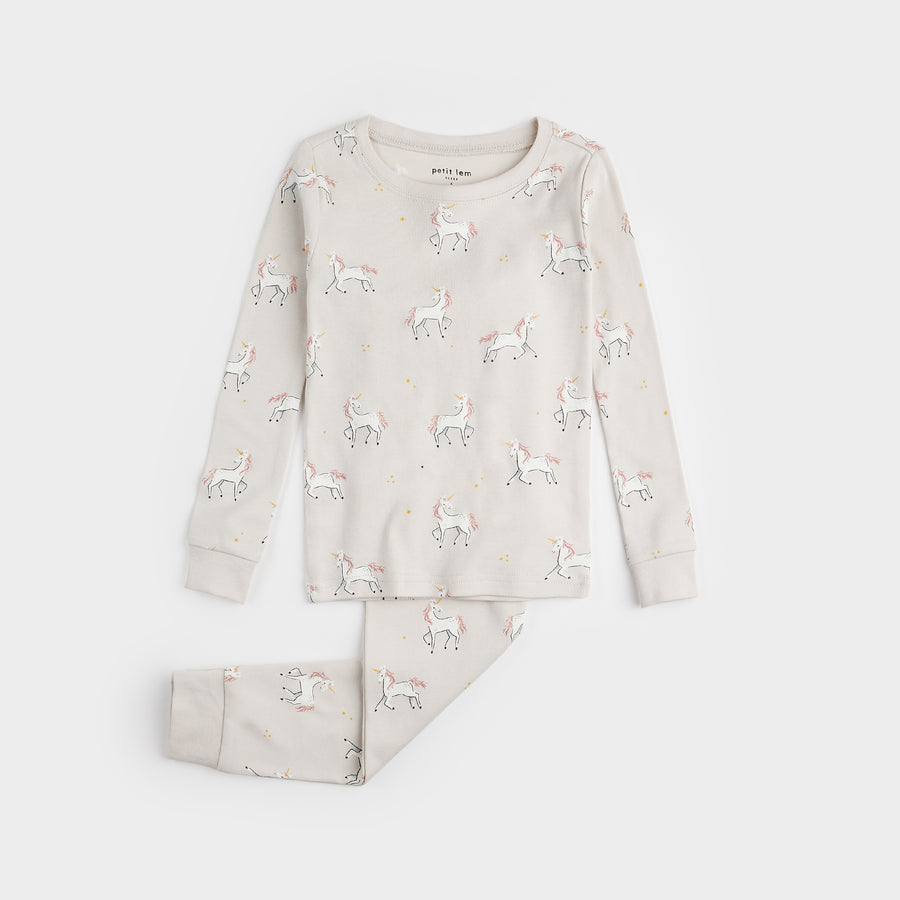 Petit Lem Unicorn Print PJ Set in Creme