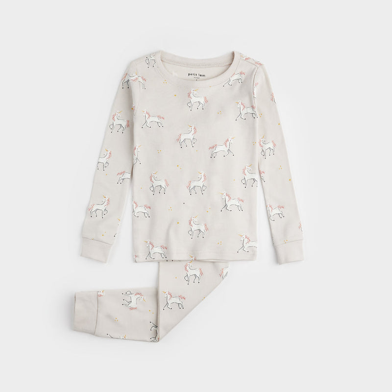 Petit Lem Unicorn Print PJ Set in Creme