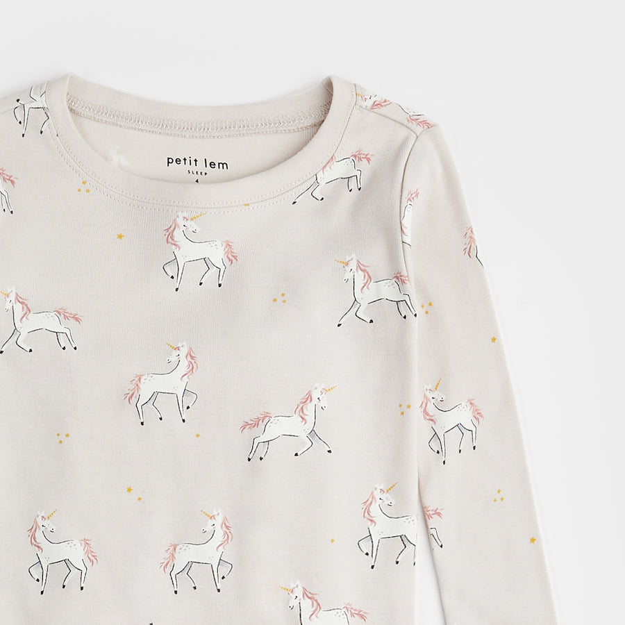 Petit Lem Unicorn Print PJ Set in Creme