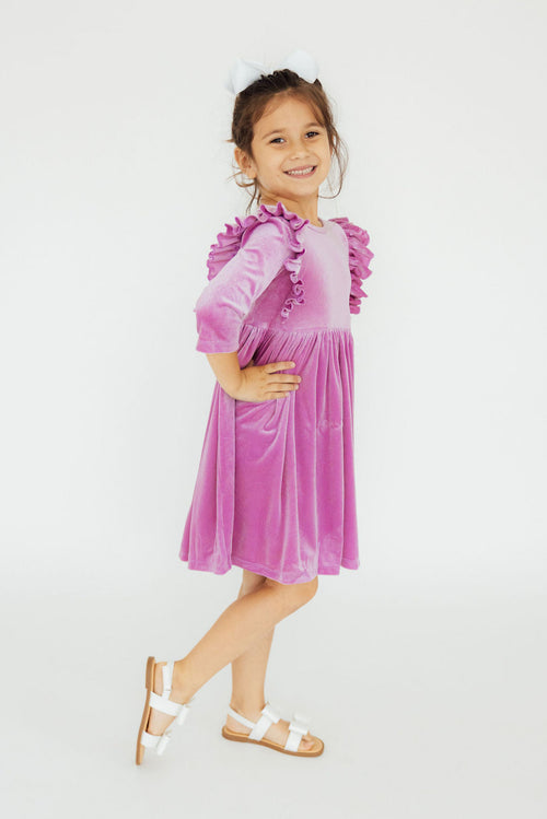 Mila & Rose Ruffle Twirl Dress in Carnation Pink Velvet