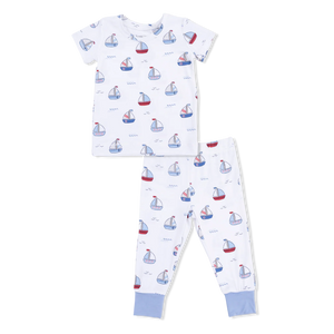 Angel Dear Short Sleeve Loungewear Set in Bubbly Sailboats Blue