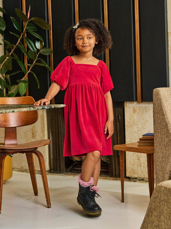 Tea Collection Puff Shoulder Velour Dress in Red Wagon