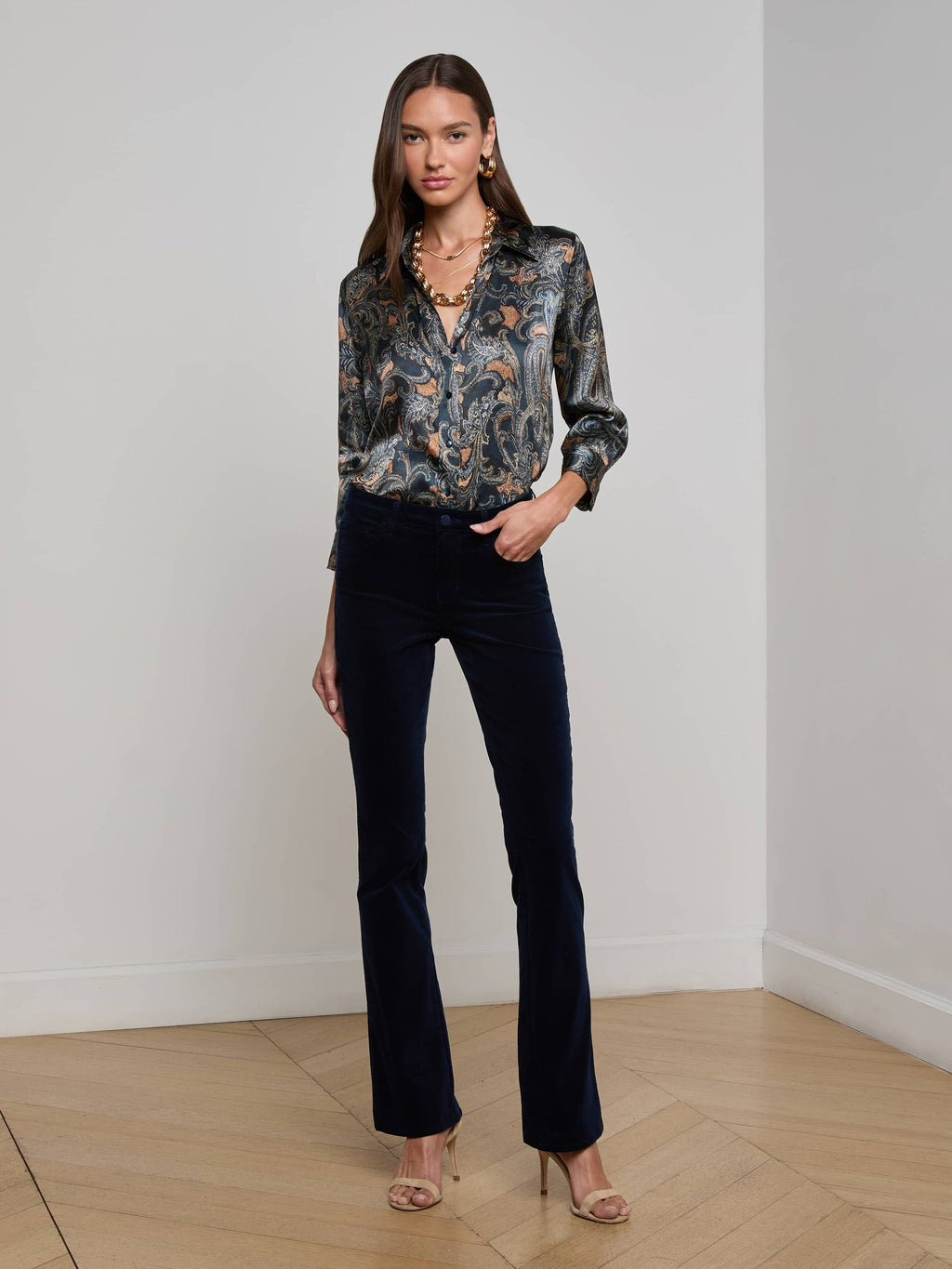 L'Agence Stevie High Rise Velvet Pant in Deep Midnight