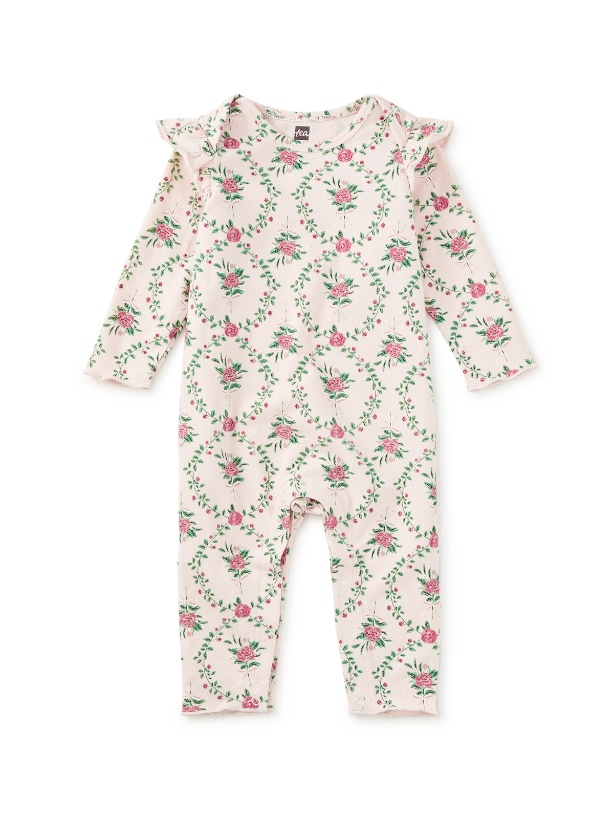 Tea Collection Ruffle Shoulder Baby Romper in Wallpaper Floral