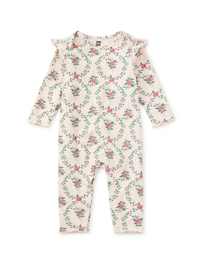 Tea Collection Ruffle Shoulder Baby Romper in Wallpaper Floral