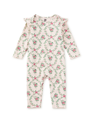 Tea Collection Ruffle Shoulder Baby Romper in Wallpaper Floral