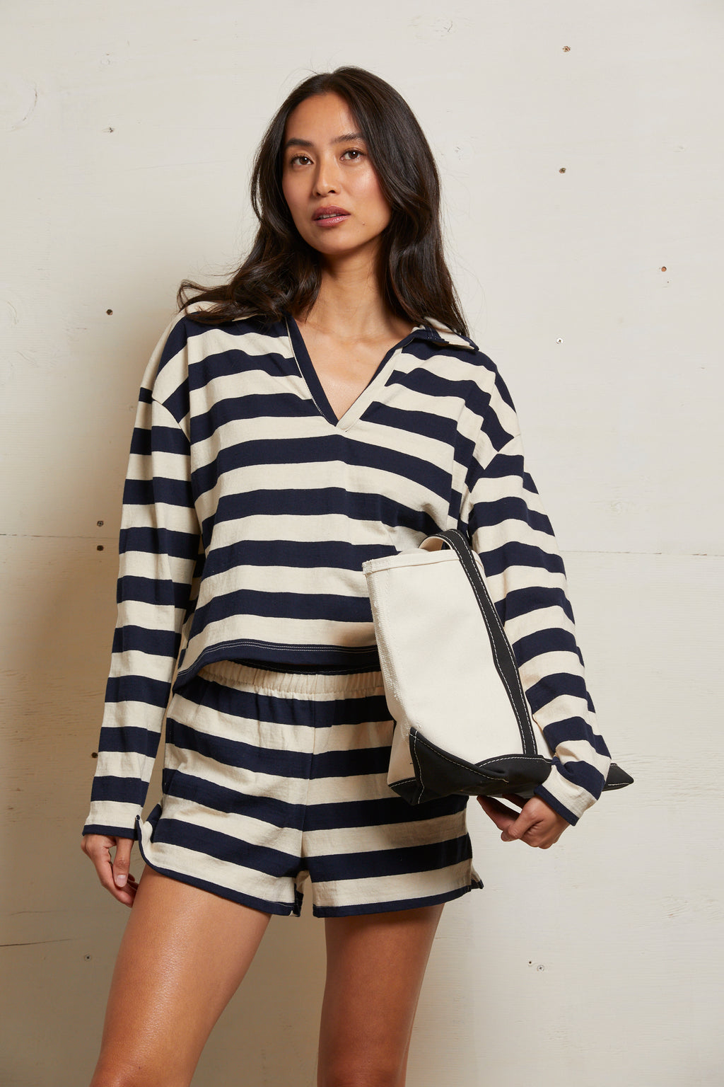 perfectwhitetee Alison Tennessee Jersey Collared Shirt in Natural/Navy