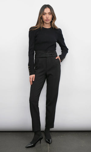 Greylin Dani Button Puff Sleeve Ribbed Knit Top in Black