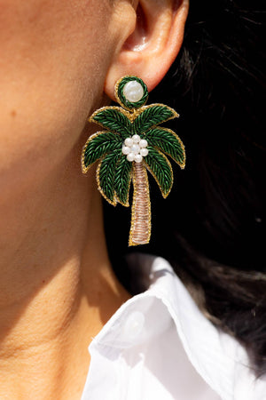 Gaby & Grace Green Palm Tree Beaded Earrings