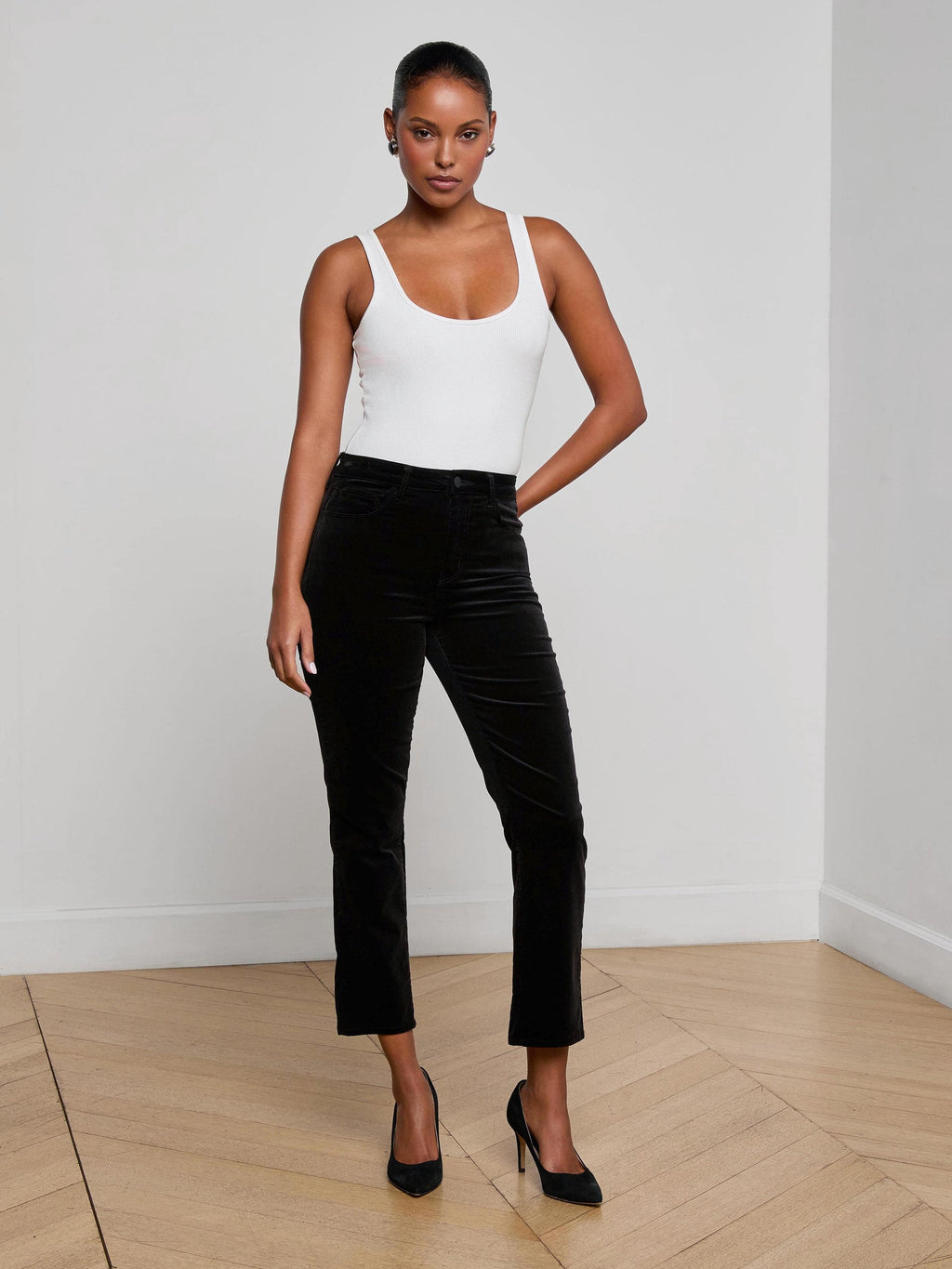 L'Agence Celestia Slim Velvet Pant in Noir