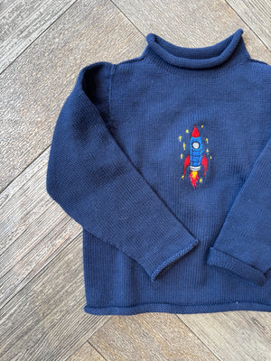 A Soft Idea Rocket Ship Roll Neck Sweater in Navy