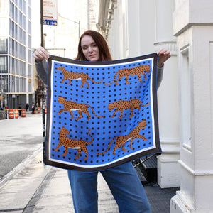 Jessie Zhao New York Double Sided Silk Scarf in Blue Leopards Garden