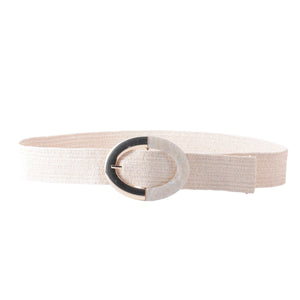 Most Wanted Two Toned Buckle Raffia Stretch Belt in Beige