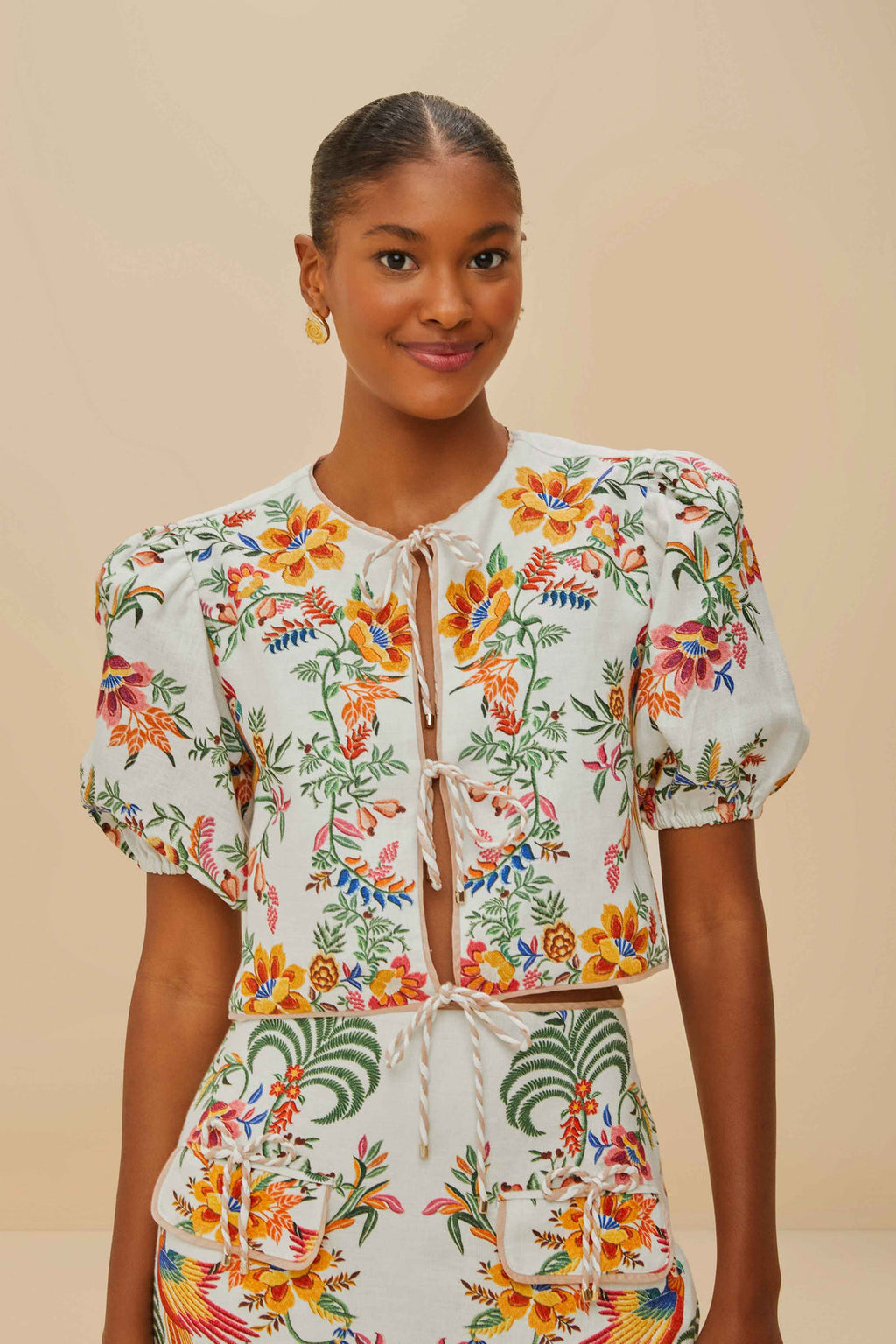 Farm Rio Premium Linen Blouse in Off-White Delicate Forest