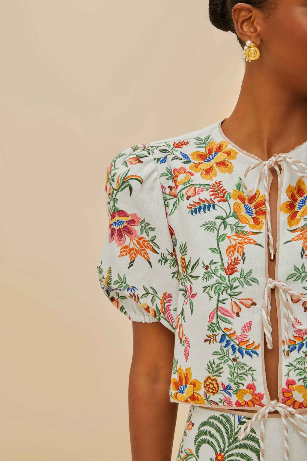 Farm Rio Premium Linen Blouse in Off-White Delicate Forest