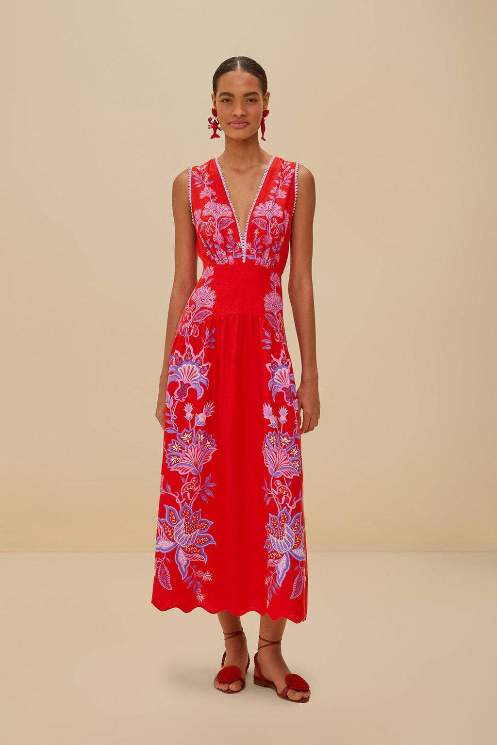 Farm Rio Linen Midi Dress in Red Porcelain Garden