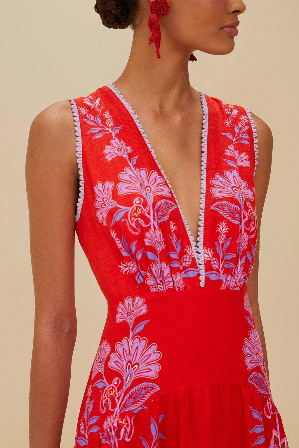 Farm Rio Linen Midi Dress in Red Porcelain Garden