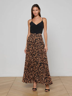 L'Agence Torin Pleated Skirt in Brown Multi Amur Leopard