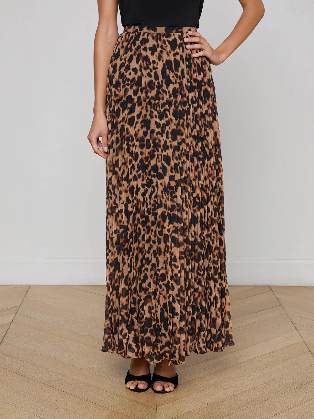 L'Agence Torin Pleated Skirt in Brown Multi Amur Leopard