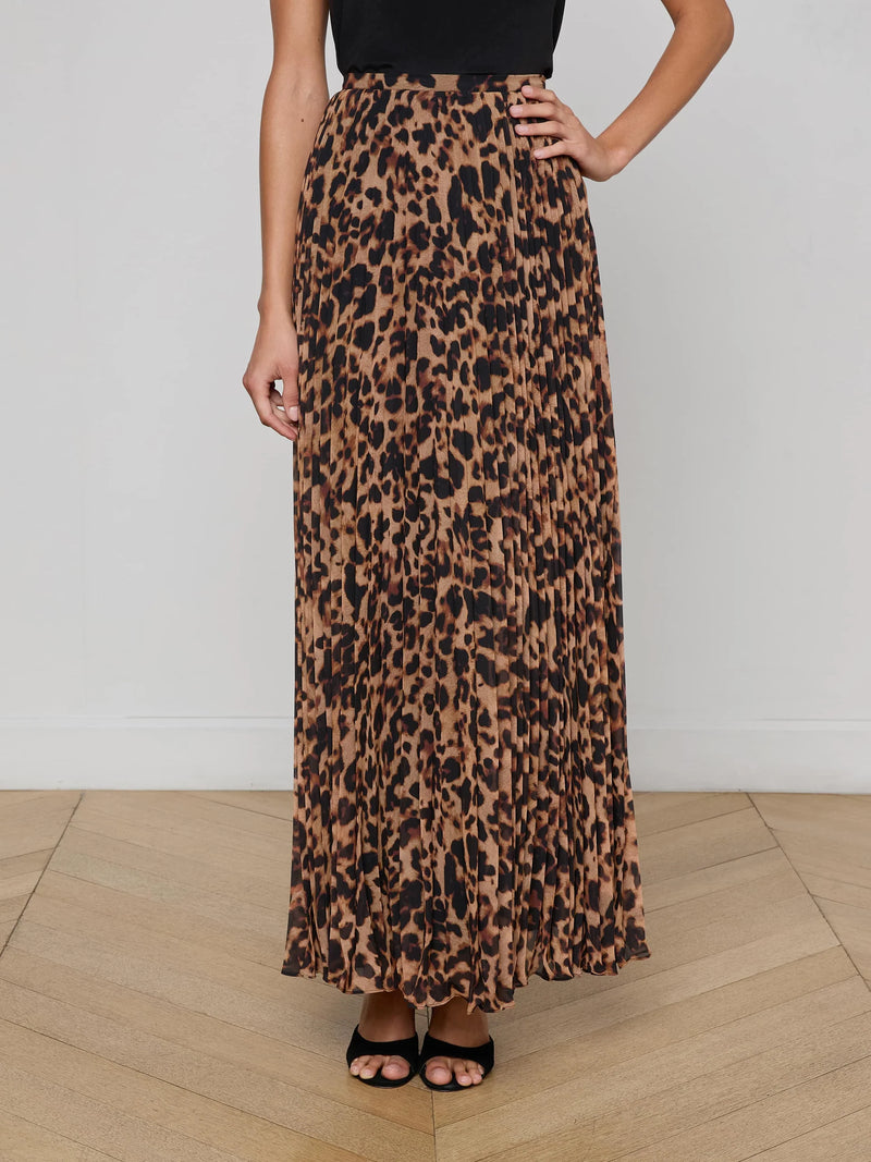 L'Agence Torin Pleated Skirt in Brown Multi Amur Leopard