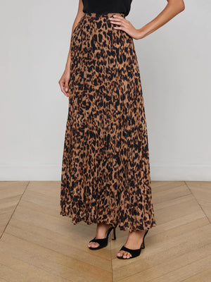 L'Agence Torin Pleated Skirt in Brown Multi Amur Leopard