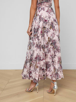 L'Agence Torin Pleated Maxi Skirt in Nocturnal Pink Butterfly Jungle