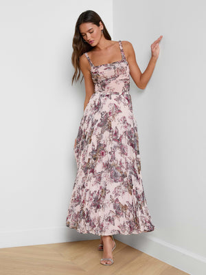 L'Agence Torin Pleated Maxi Skirt in Nocturnal Pink Butterfly Jungle