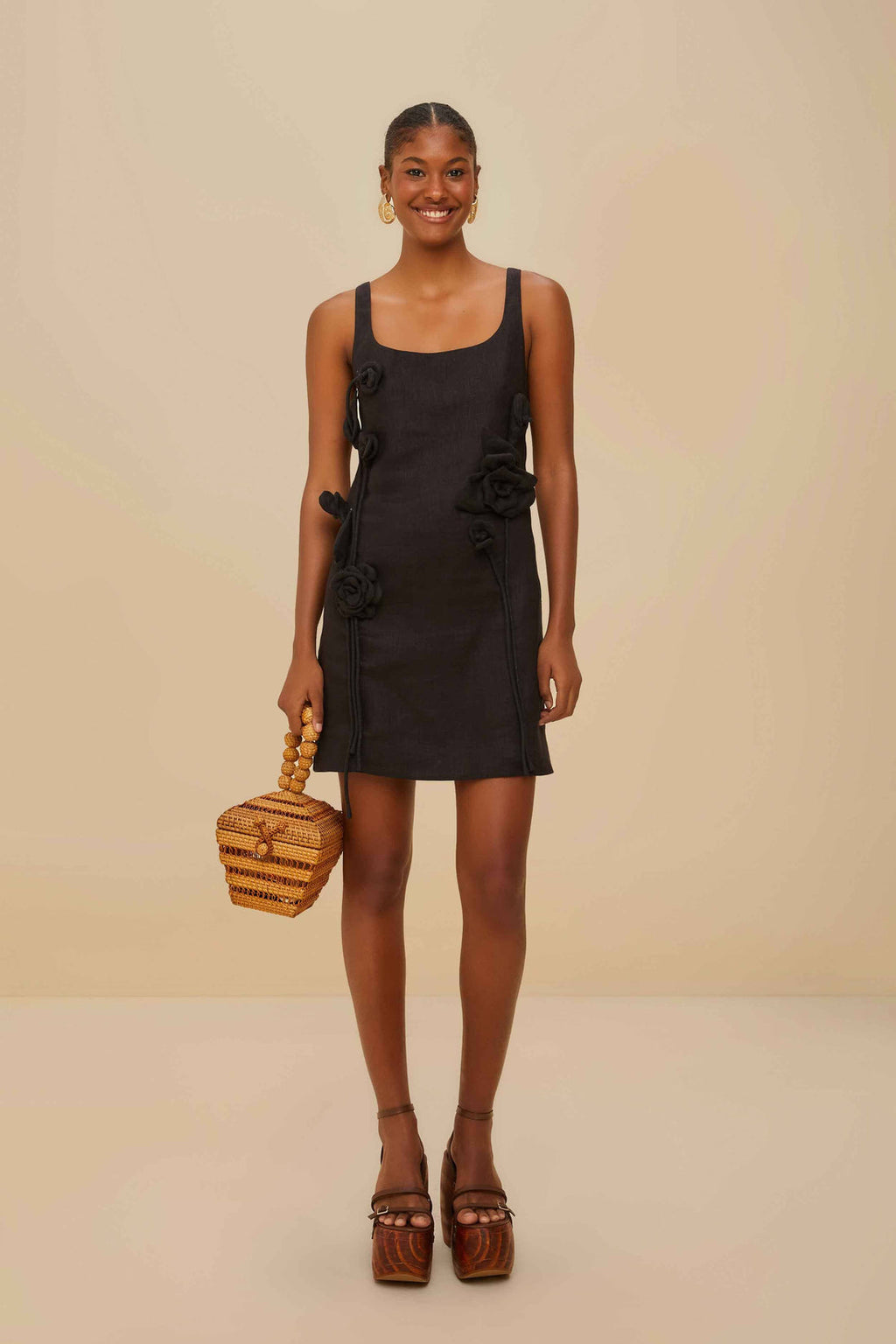 Farm Rio Premium Linen Sleeveless Mini Dress in Black