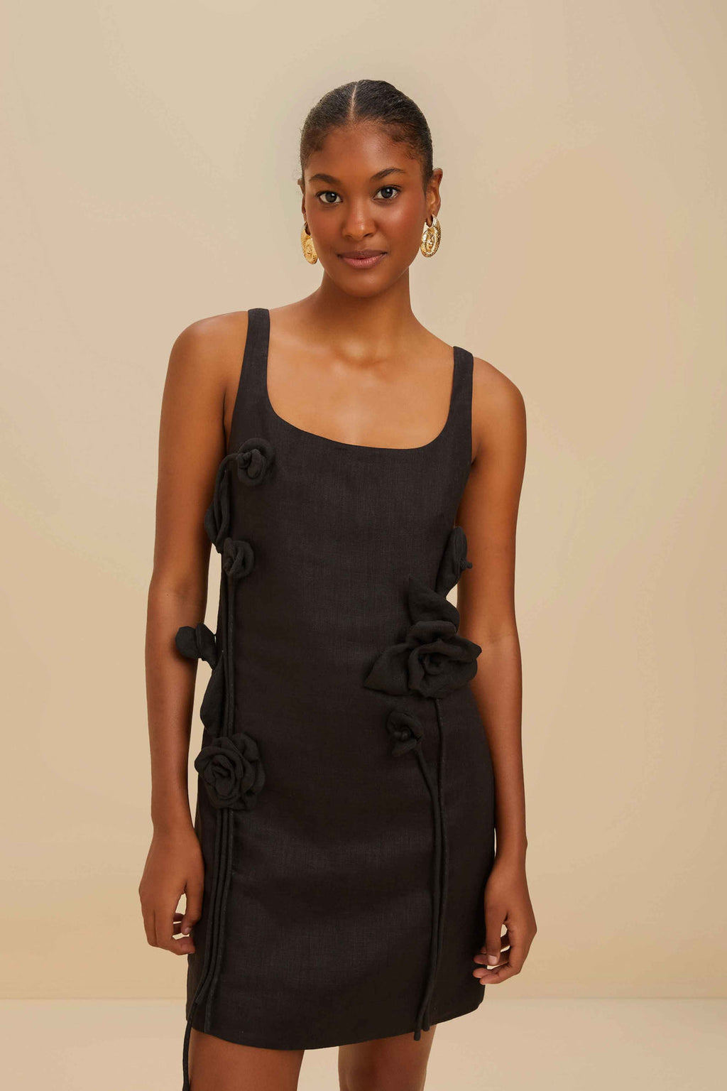Farm Rio Premium Linen Sleeveless Mini Dress in Black